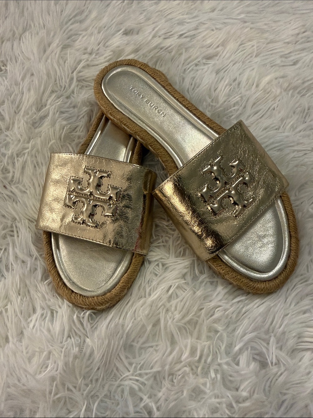 Tory Burch Metallic Gold Logo Slide Sandals with Jute Trim